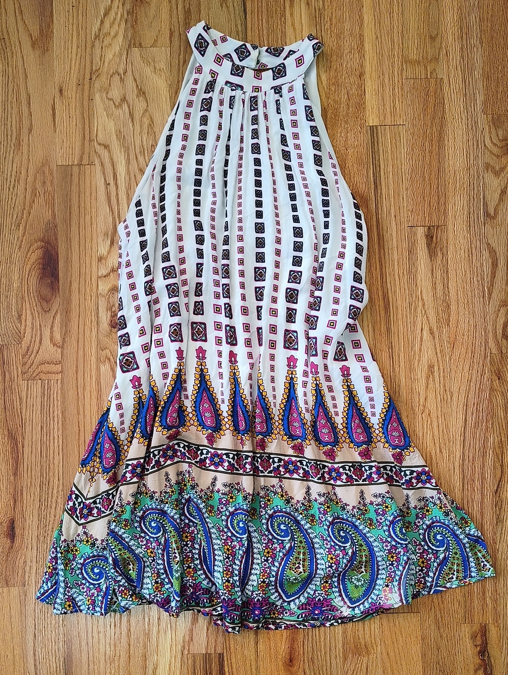 entro White Dress with Pink and Green Paisley Accents